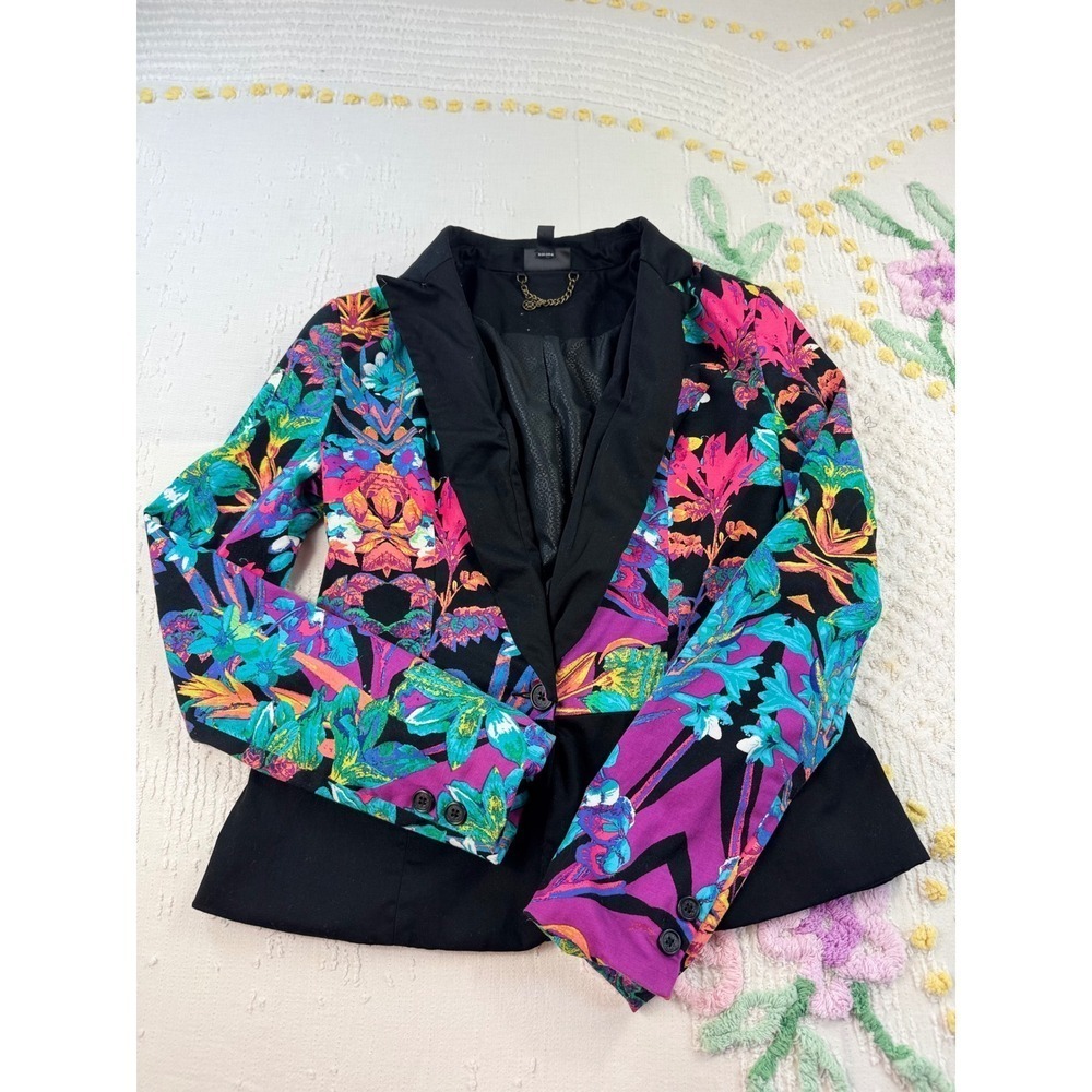 Nicole Miller Colorful Floral Blazer XS Black Tropical Print Party Jacket - Picture 3 of 10
